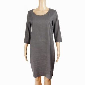 Sarah Pacini Classic Minimalist Slate Grey Quarter Sleeve Linen Midi Dress